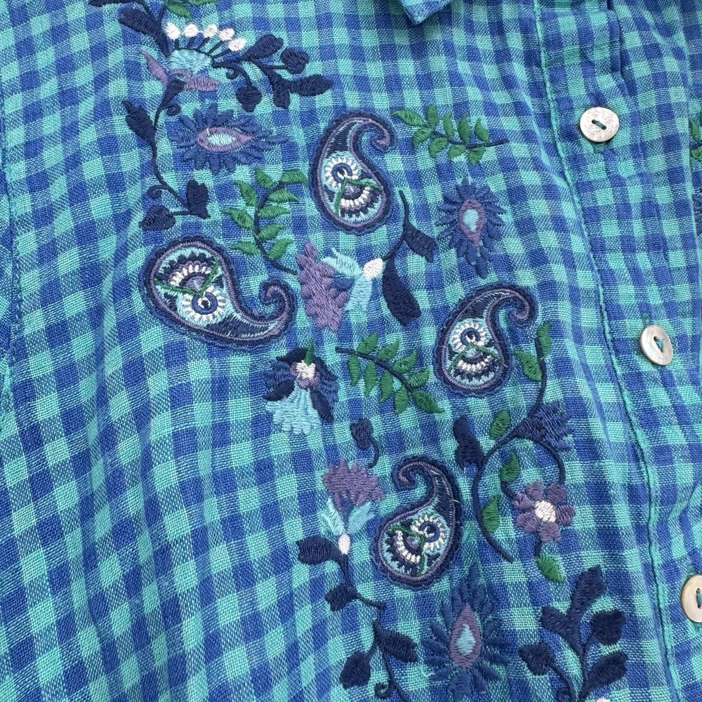 Multiples Embroidered Gingham Tunic Top Blue Teal… - image 4